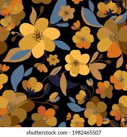 Watercolor sakura and thorns pattern. Seamless natural texture with blossom cherry tree branches. Hand drawn japanese yellow flowers on dark black background. Floral vector illustration