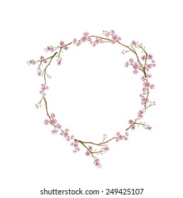 Watercolor Sakura Wreath. Natural Round Frame With Blossom Cherry Tree Branches. Hand Drawn Japanese Flowers Illustration On White Background