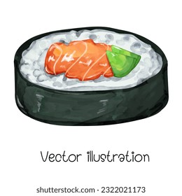 Watercolor salmon sushi, Japanese food vector illustration