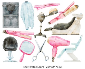 Watercolor Salon Equipment Illustration Set - Hand-Painted, Elegant Aesthetic - Hair Dryer, Barber Chair, Scissors, Mirror, Styling Tools, Beauty Salon, Hairdresser Equipment, Vector Illustration