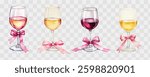 Watercolor salted wine glasses decorated with pink ribbon png. White and red wine in a watercolor glass. Vector illustration.