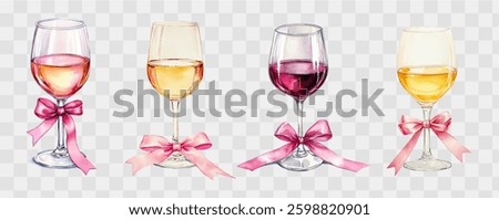Watercolor salted wine glasses decorated with pink ribbon png. White and red wine in a watercolor glass. Vector illustration.