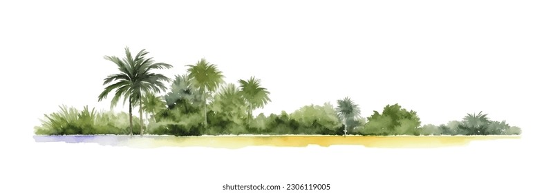 Watercolor sand beach with palms and bushes, isolated on white background. Horizontal bar element, divider, separator, footer for your design. Vector illustration.