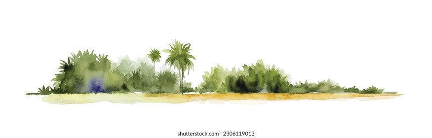 Watercolor sand beach with palms and bushes, isolated on white background. Horizontal bar element, divider, separator, footer for your design. Vector illustration.