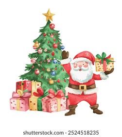 watercolor Santa Claus brings gifts, Christmas tree and presents,Winter sale
