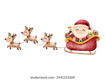 Watercolor Santa Claus. Hand drawn Santa with gift boxes rides in sleigh pulled by reindeer, Perfect for Christmas greeting cards and festive decoration vector