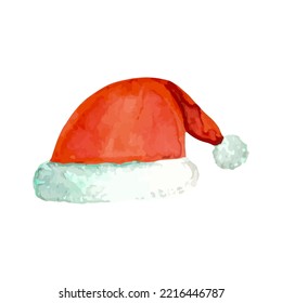 Watercolor Santa Claus hat isolated on white background. Template for postcard, banner, poster, web design. Hand Drawn vector illustration.