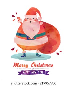 Watercolor Santa - Cute Santa Claus wishing a Merry Christmas and Happy New Year, watercolor effect vector