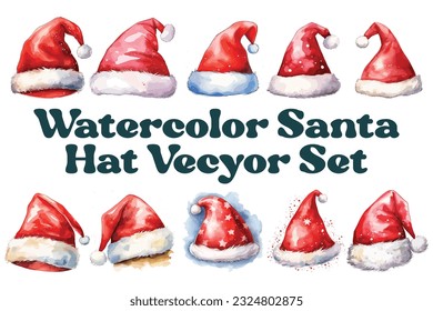 Watercolor Santa Hat Vector Art, Icons. Watercolor Christmas Hat Illustration.