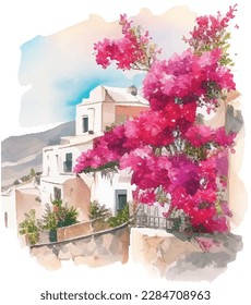 Acuarela Santorini Island. El paisaje de las islas de verano de Grecia. Fondo vector cuadrado dibujado a mano de Santorini. Esbozo pintoresco. Ideal para tarjetas, invitaciones, carteles, afiches.