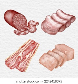 watercolor sausage meat product collection set clip art