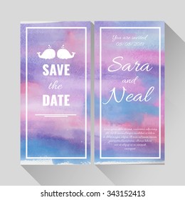 Watercolor save the date card, cover design. Hand drawn background. Stock vector.