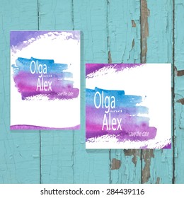 Watercolor Save The Date Card. Watercolor wedding invitation. Hand drawn watercolor background. Stock vector.