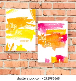 Watercolor Save The Date Card. Watercolor wedding invitation. Hand drawn watercolor background. Stock vector.