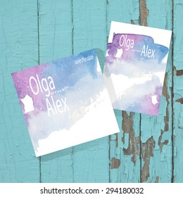 Watercolor Save The Date Card. Watercolor wedding invitation. Hand drawn watercolor background. Stock vector.