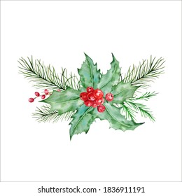 Watercolor Scandinavian Christmas composition. Hand drawn winter decoration. Bouquet of leaves, twigs, pine branches and holly berry