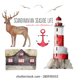 Watercolor scandinavian seaside life set. Hand drawn vector objects: north coast house, lighthouse, deer, seagulls, anchor. Buildings and wild nature illustrations on white background. Europe island