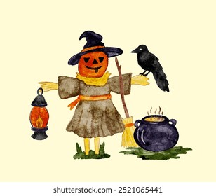 Watercolor scarecrow with a pumpkin head and crow by a cauldron near Halloween decorations