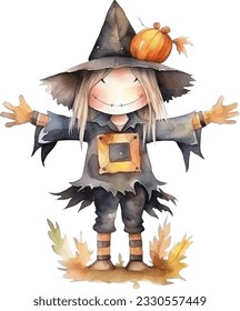 Watercolor scarecrow wearing witch hat