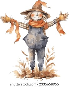 Watercolor scarecrow wearing witch hat