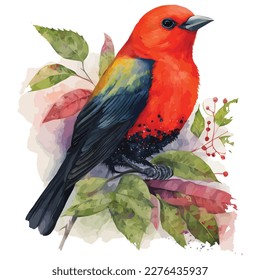 watercolor Scarlet Tanager bird, vector illustration.