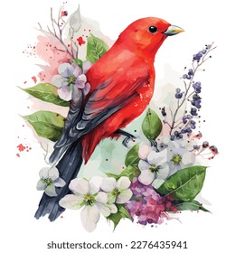 watercolor Scarlet Tanager bird, vector illustration.