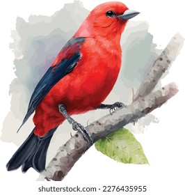 watercolor Scarlet Tanager bird, vector illustration.