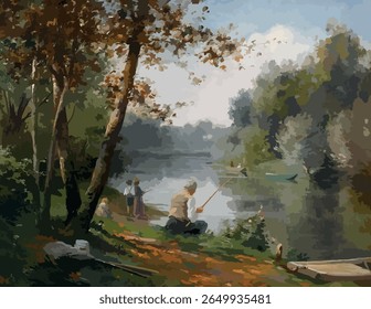 A watercolor scene depicts people fishing at a large pond, surrounded by lush trees and foliage under a cloudy sky.