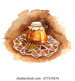 Watercolor scenic vector illustration - jars of honey and spoon for honey on a white napkin on brown background watercolor.