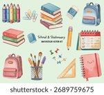 Watercolor school and stationery vector set featuring books, pencils, notebooks, backpacks, and art tools. Perfect for education, kids projects, and creative learning-themed designs.