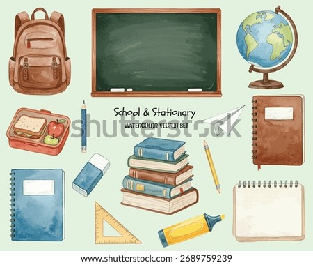 Watercolor school and stationery vector set featuring notebooks, backpack, chalkboard, globe, books, pencil, and lunchbox. Perfect for education, learning, and back-to-school themed projects.