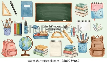 Watercolor school and stationery vector set with books, backpacks, chalkboard, pencils, brushes, globe, and rulers. Perfect for education, classroom, and back-to-school themed projects.