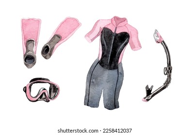 Watercolor Scuba Diving Equipment Collection