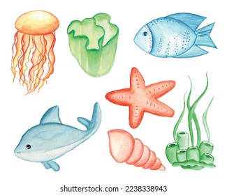 Watercolor sea animal clipart set
