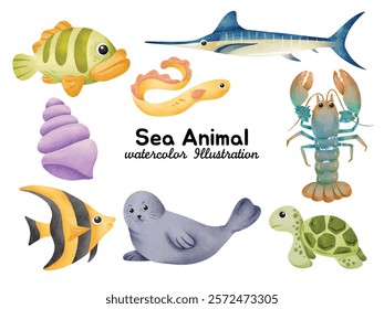 Watercolor Sea Animal Illustration – Featuring Colorful Marine Creatures Such as Fish, Lobster, Seal, Turtle, Swordfish, Shell, Eel, and Angelfish for Nautical-Themed Projects and Ocean-Inspired Desig