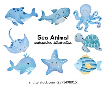 Watercolor Sea Animal Illustration – Hand-painted Cute Marine Life Collection Featuring Dolphin, Shark, Octopus, Turtle, Whale, Stingray, Starfish, and Tropical Fish – Ocean-Themed