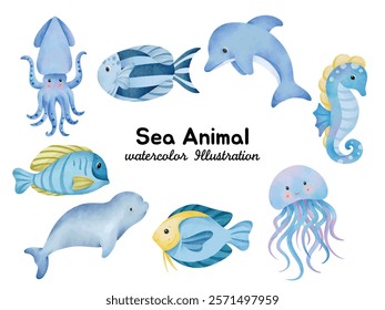 Watercolor Sea Animal Illustration Set – Cute Marine Life Clip Art with Dolphin, Squid, Seahorse, Jellyfish, Tropical Fish, Whale, Blue Tang, Angelfish, and Ocean Creatures