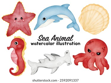 Watercolor Sea Animal Illustration Set - Hand-Painted, Cute, Realistic - Dolphin, Shark, Octopus, Seahorse, Starfish, Seashell - Ocean Life, Marine Creatures, Vector Illustration