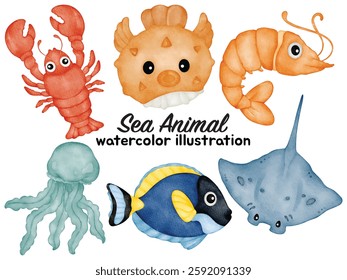 Watercolor Sea Animal Illustration Set - Hand-Painted, Cute, Realistic - Lobster, Pufferfish, Shrimp, Jellyfish, Tropical Fish, Stingray - Ocean Life, Marine Creatures, Vector Illustration