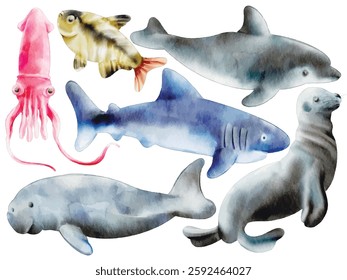 Watercolor Sea Animal Illustration Set - Hand-Painted, Realistic, Vibrant Colors - Shark, Dolphin, Seal, Manatee, Squid, Tropical Fish, Marine Life, Vector Illustration