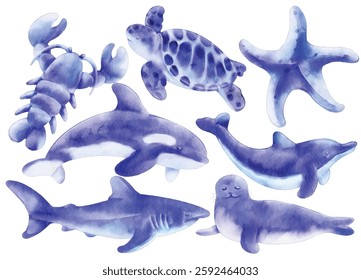 Watercolor Sea Animal Illustration Set - Hand-Painted, Realistic, Blue Tone - Shark, Dolphin, Lobster, Turtle, Seal, Starfish, Vector Illustration