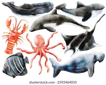 Watercolor Sea Animal Illustration Set - Hand-Painted, Realistic, Vibrant Colors - Whale, Dolphin, Shark, Stingray, Octopus, Lobster, Manatee, Tropical Fish, Vector Illustration