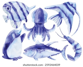 Watercolor Sea Animal Illustration Set - Hand-Painted, Realistic, Blue Tone - Fish, Squid, Shrimp, Penguin, Stingray, Marine Life, Vector Illustration