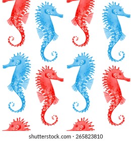 Watercolor sea animals. Seahorse. Seamless Vector background.  