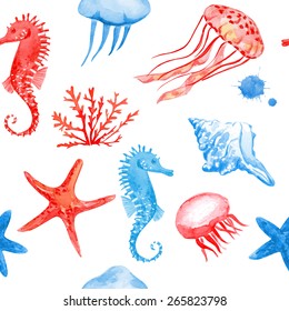 Watercolor sea animals. Seamless Vector background.  Blobs, stain, paints blot. 