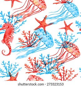 Watercolor sea animals. Seamless Vector background.  Blobs, stain, paints blot. 