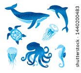 Watercolor sea animals set. Vector marine illustration of whale, dolphin, octopus, turtle, jellyfish.