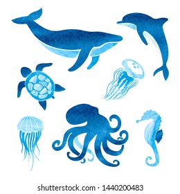 Watercolor sea animals set. Vector marine illustration of whale, dolphin, octopus, turtle, jellyfish.