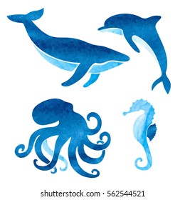 Watercolor sea animals set. Vector nautical illustration of whale, dolphin, octopus, seahorse. 