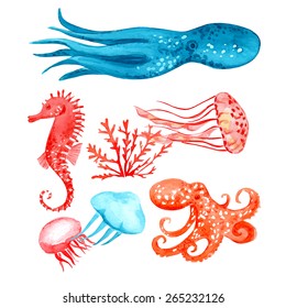 Watercolor sea animals. Vector background.  Blobs, stain, paints blot. Background with octopuses.